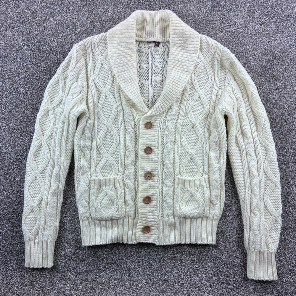 Vintage Montgomery Ward Cardigan Sweater Mens M Cream Fisherman Cable Knit Shawl